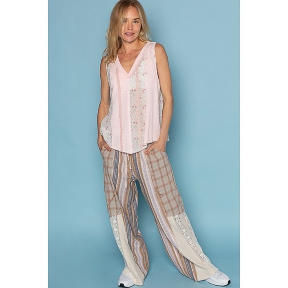 POL Natural Tan Washed Cotton Plaid with Stripes Lace Leg Pants - Picture 6 of 12